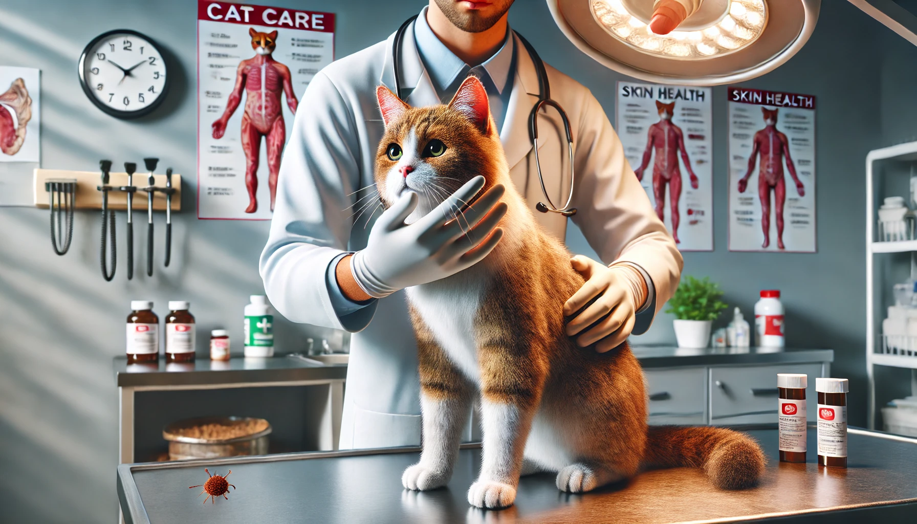 A veterinarian examining a calm cat during a routine skin health checkup.