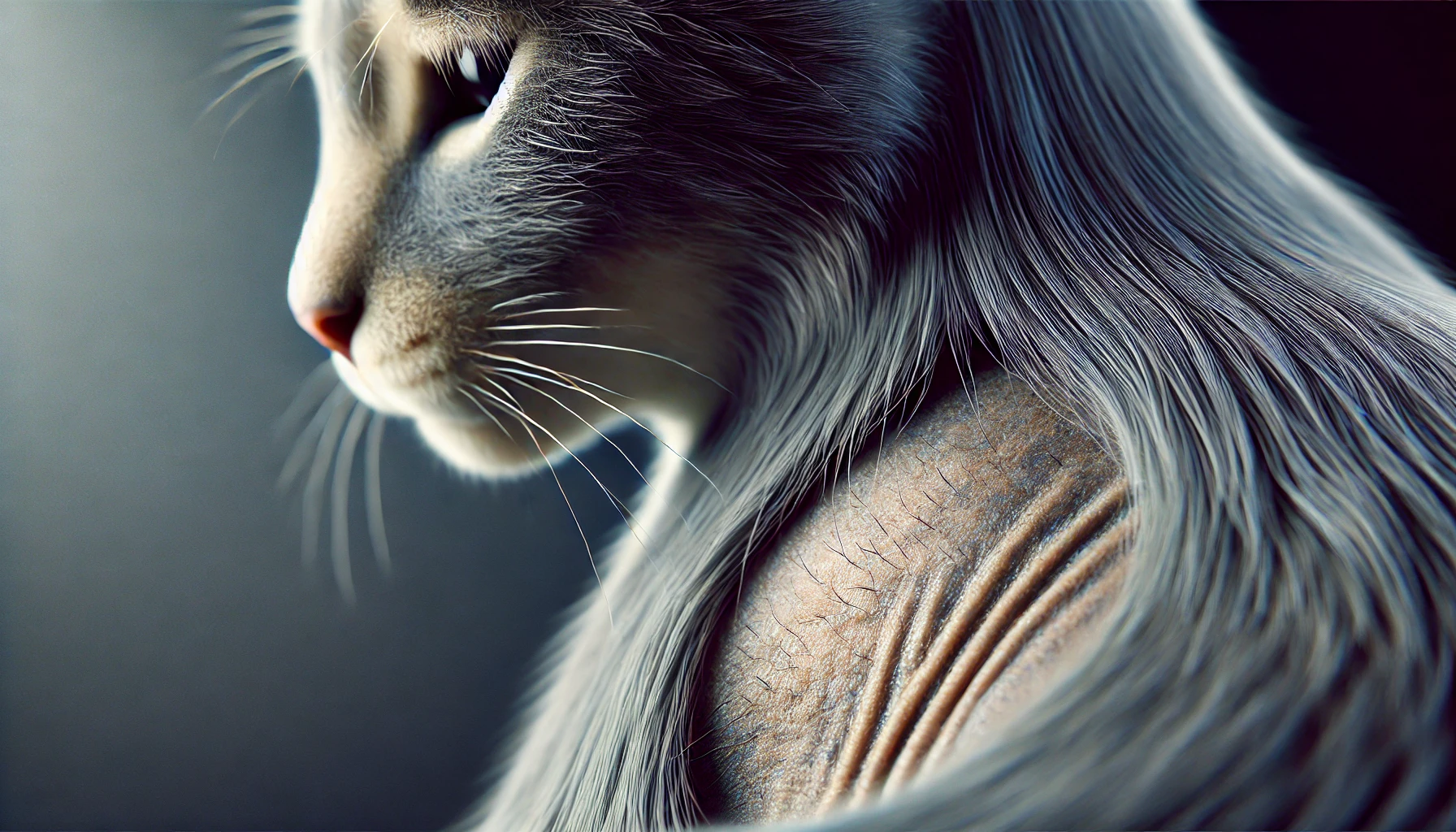 Close-up of a cat's fur parted, showing a small patch of skin with hair loss.