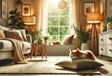 A cozy home interior with a cat resting by a large window, surrounded by plants and soft furnishings.