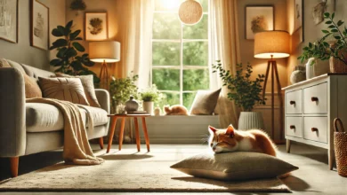 A cozy home interior with a cat resting by a large window, surrounded by plants and soft furnishings.