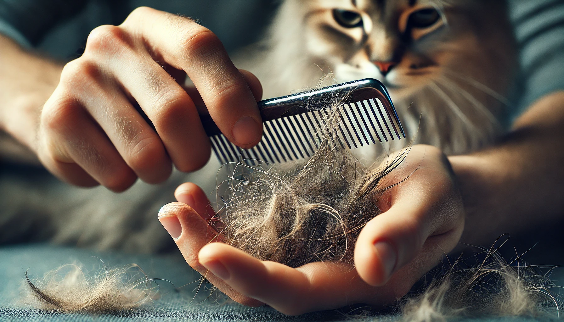 Close-up of a person's hand gently separating a cat's matted fur using fingers and a wide-tooth comb.