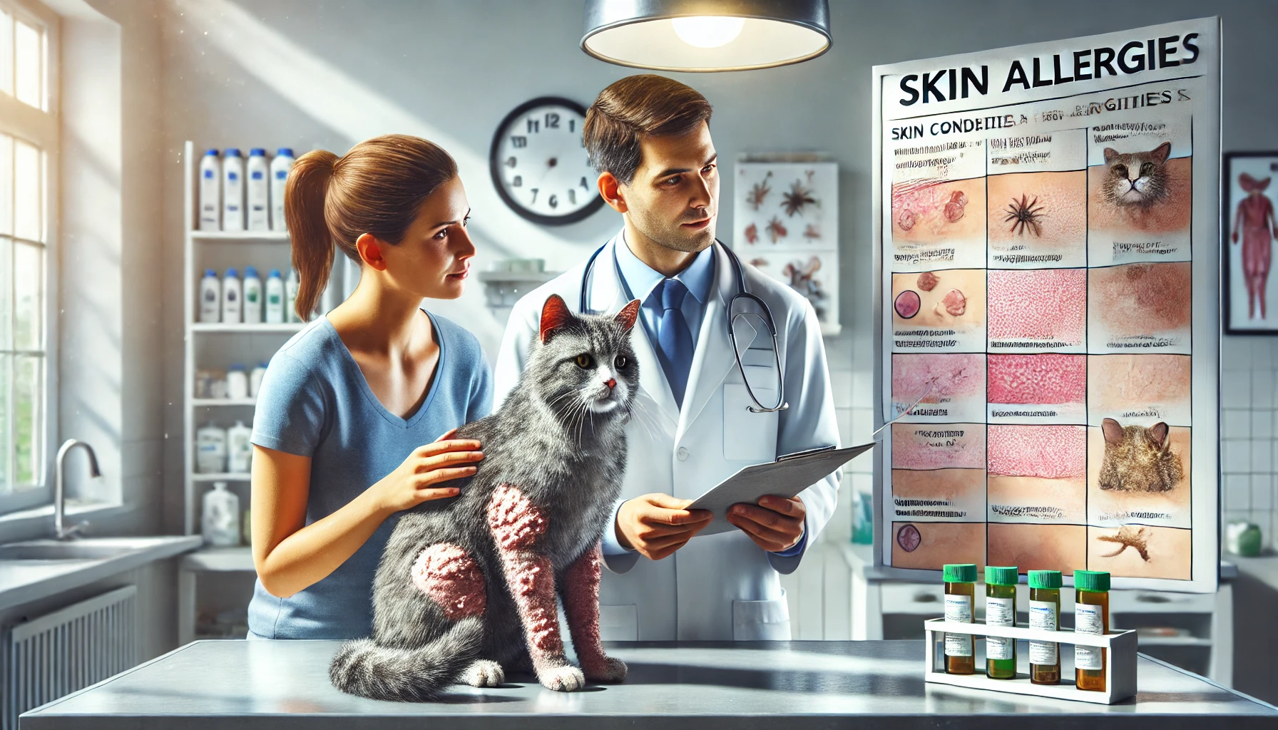A veterinarian discussing a cat's skin allergies with a concerned pet owner.
