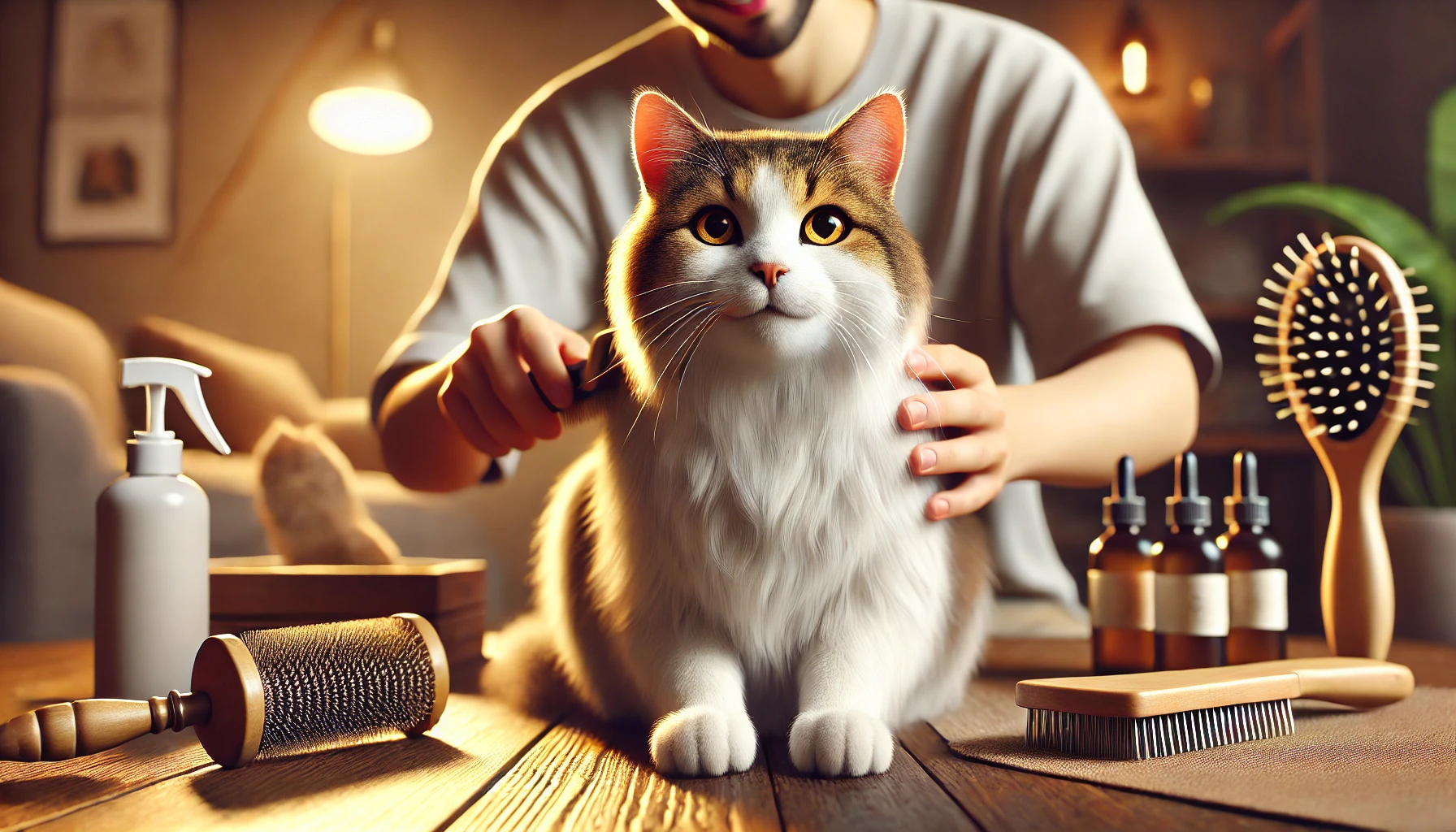 A happy cat being groomed by its owner in a cozy home environment.