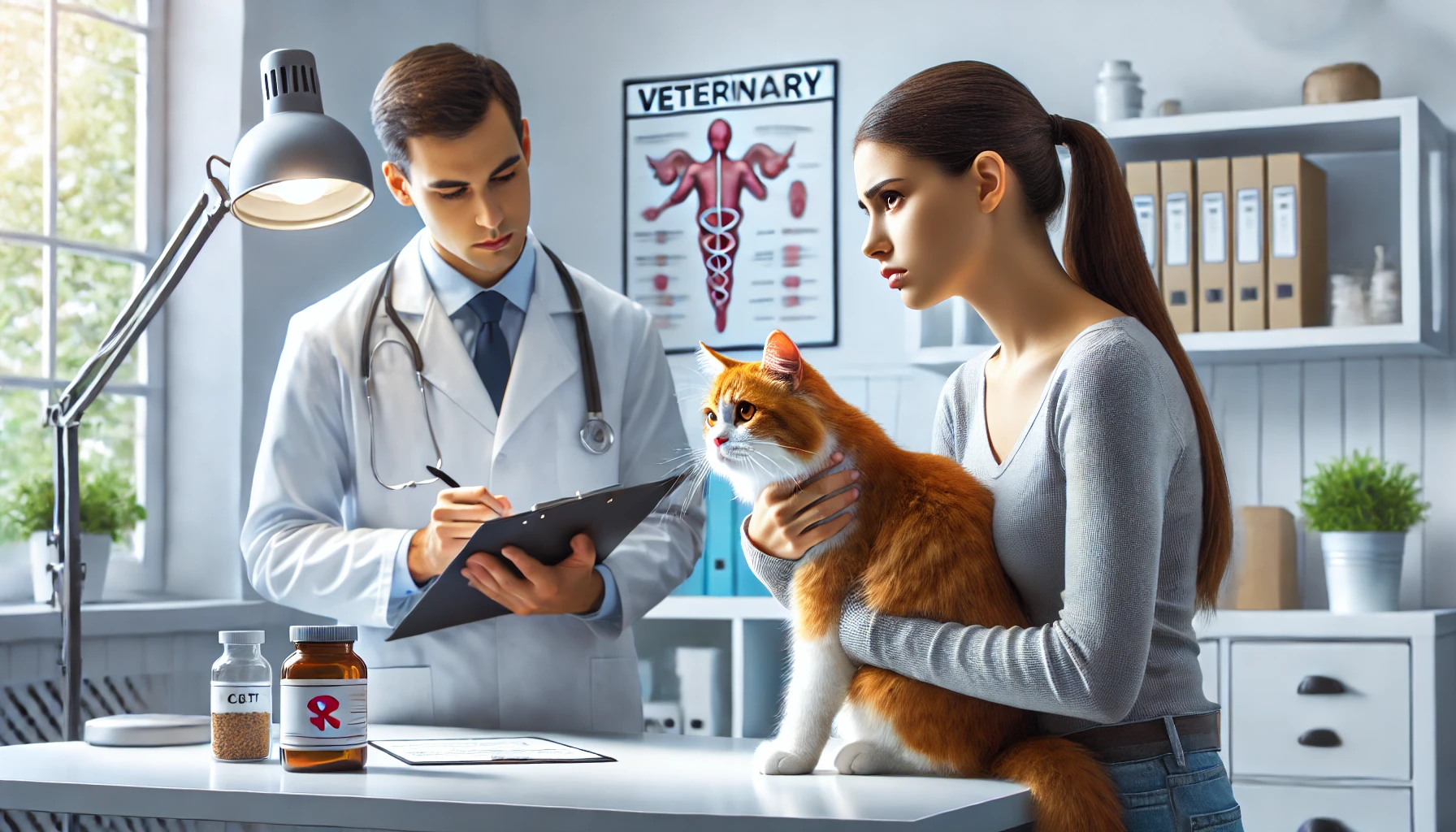 A concerned cat owner discussing symptoms with a veterinarian in a clinic.