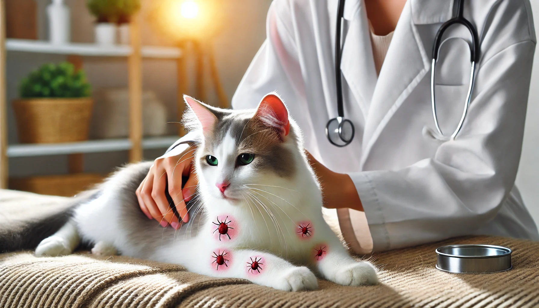 A veterinarian examining a cat's skin for allergic reactions and applying topical treatment.