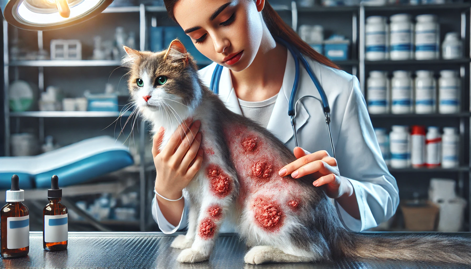A veterinarian examining a cat with persistent skin problems.