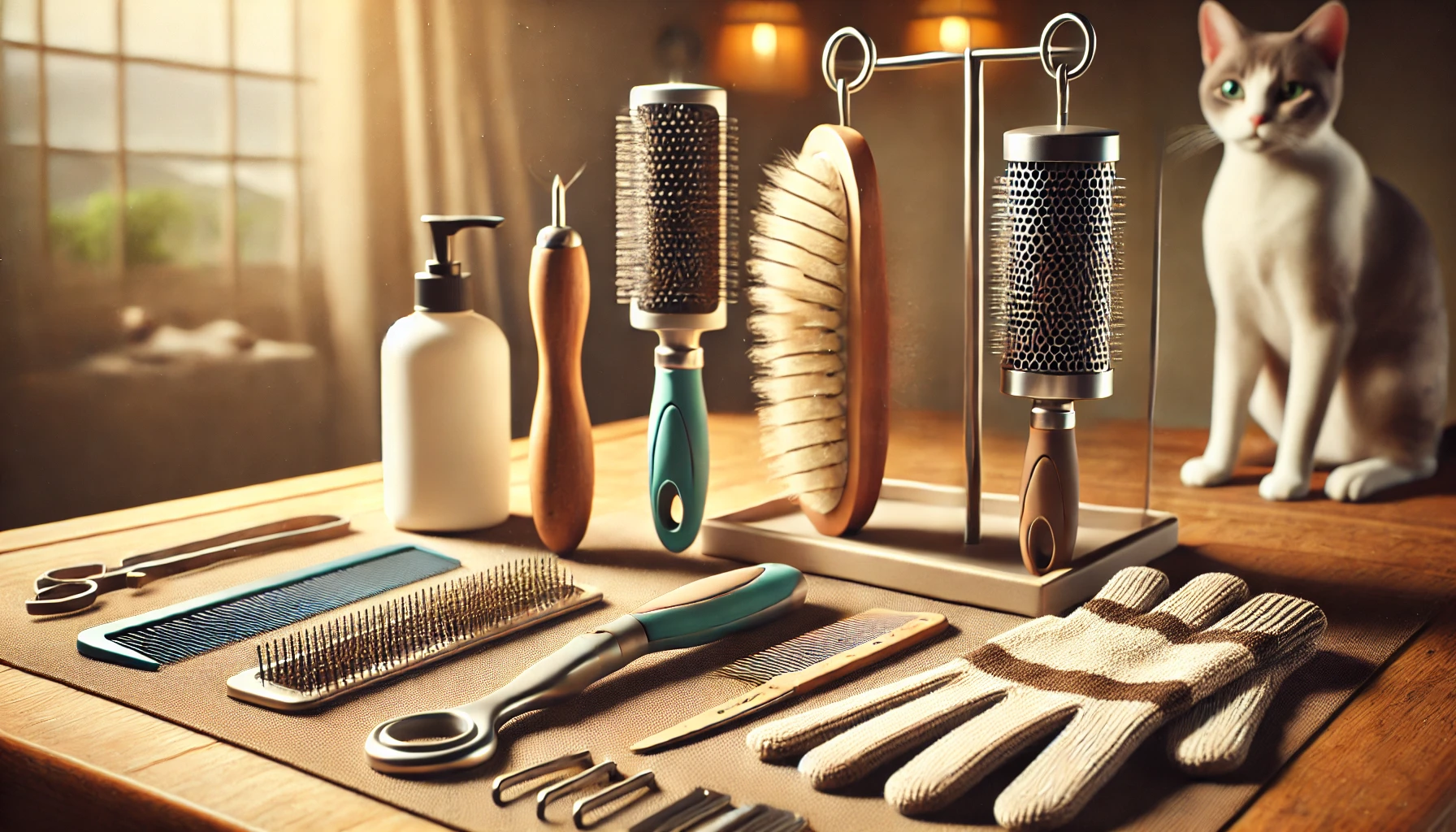 A close-up view of essential cat grooming tools arranged on a grooming table, including a slicker brush, bristle brush, wide-tooth comb, and grooming glove.