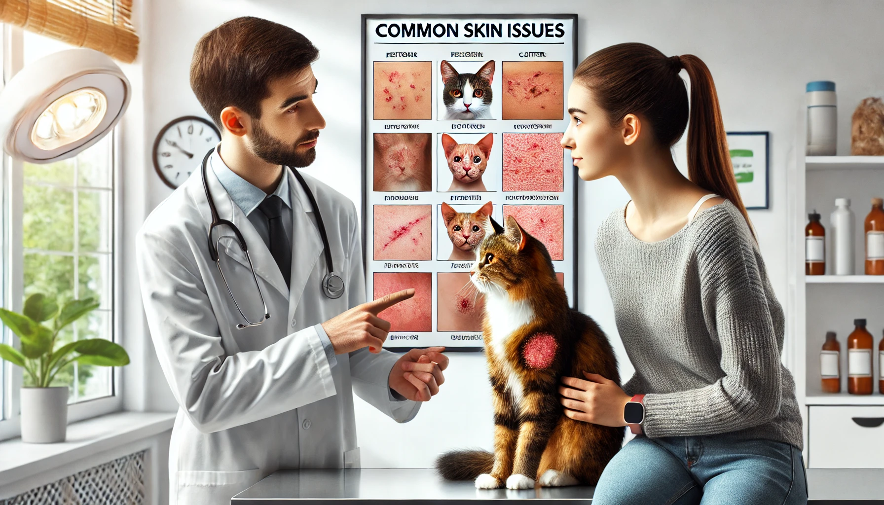 A veterinarian explaining skin issues in cats to a concerned owner holding their cat.