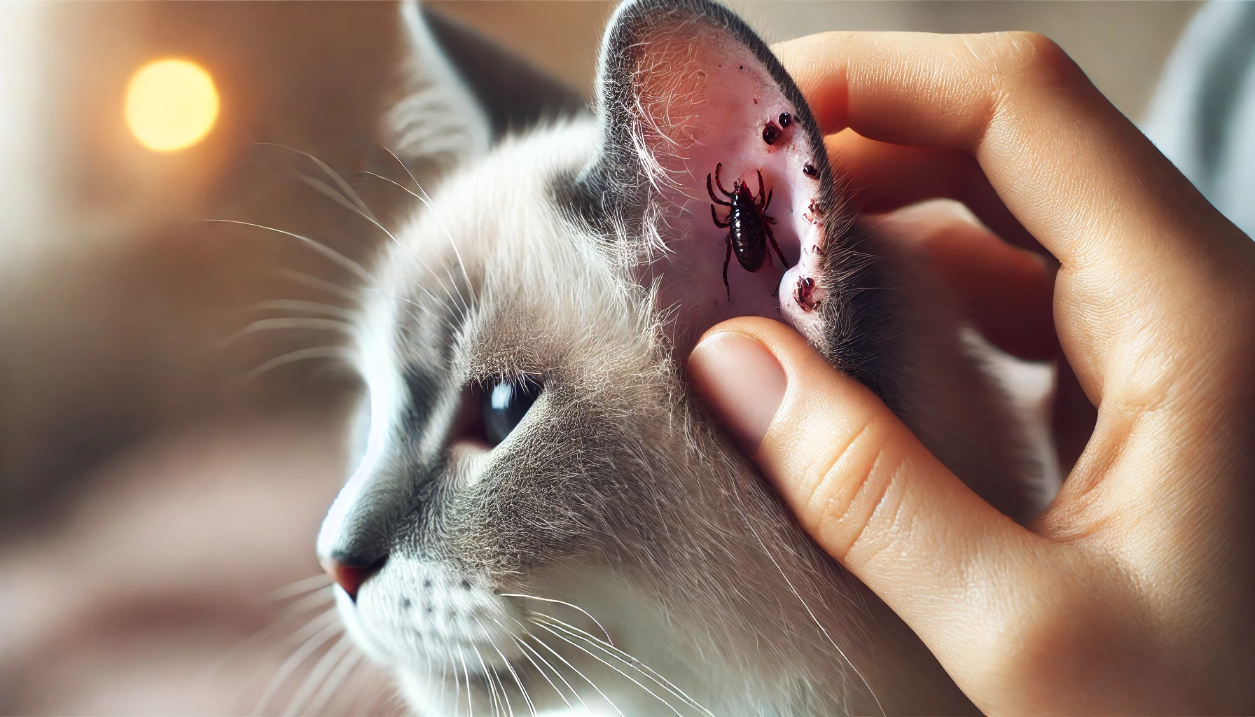 Close-up of a cat's ear being examined for ticks and mites with signs of irritation and waxy buildup.