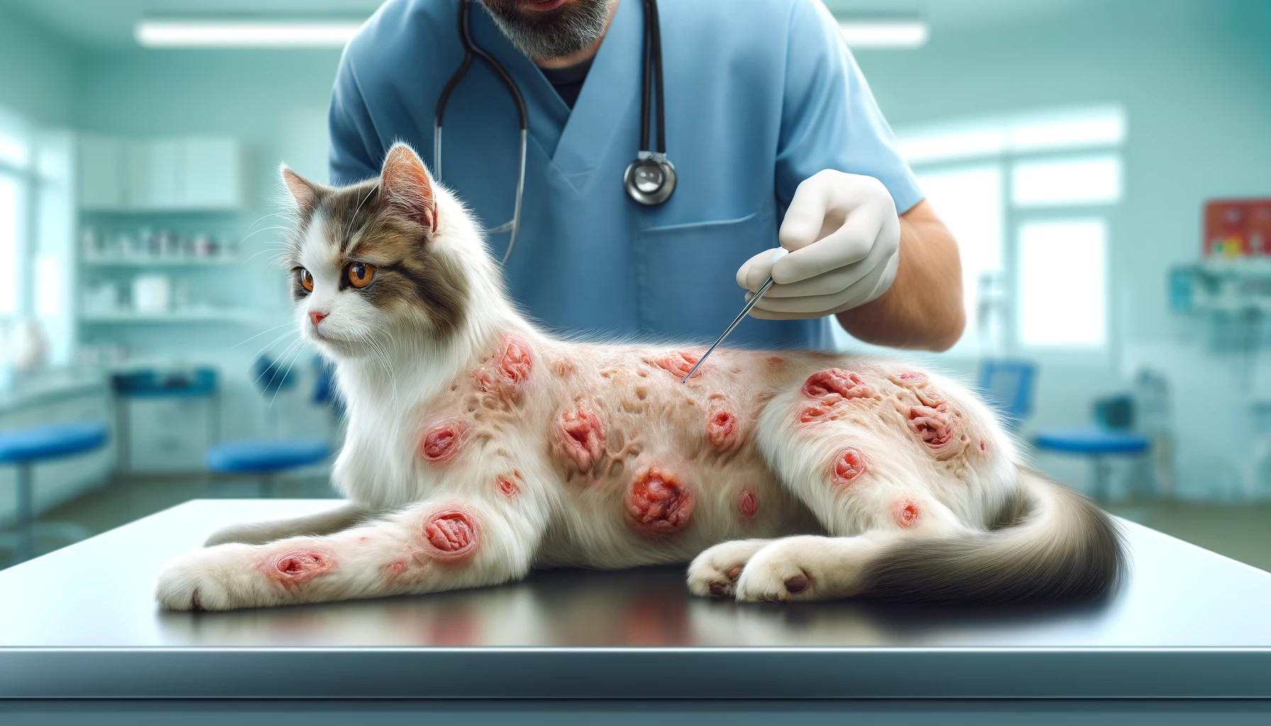 A veterinarian examining a cat with open sores and recurrent infections on its skin.