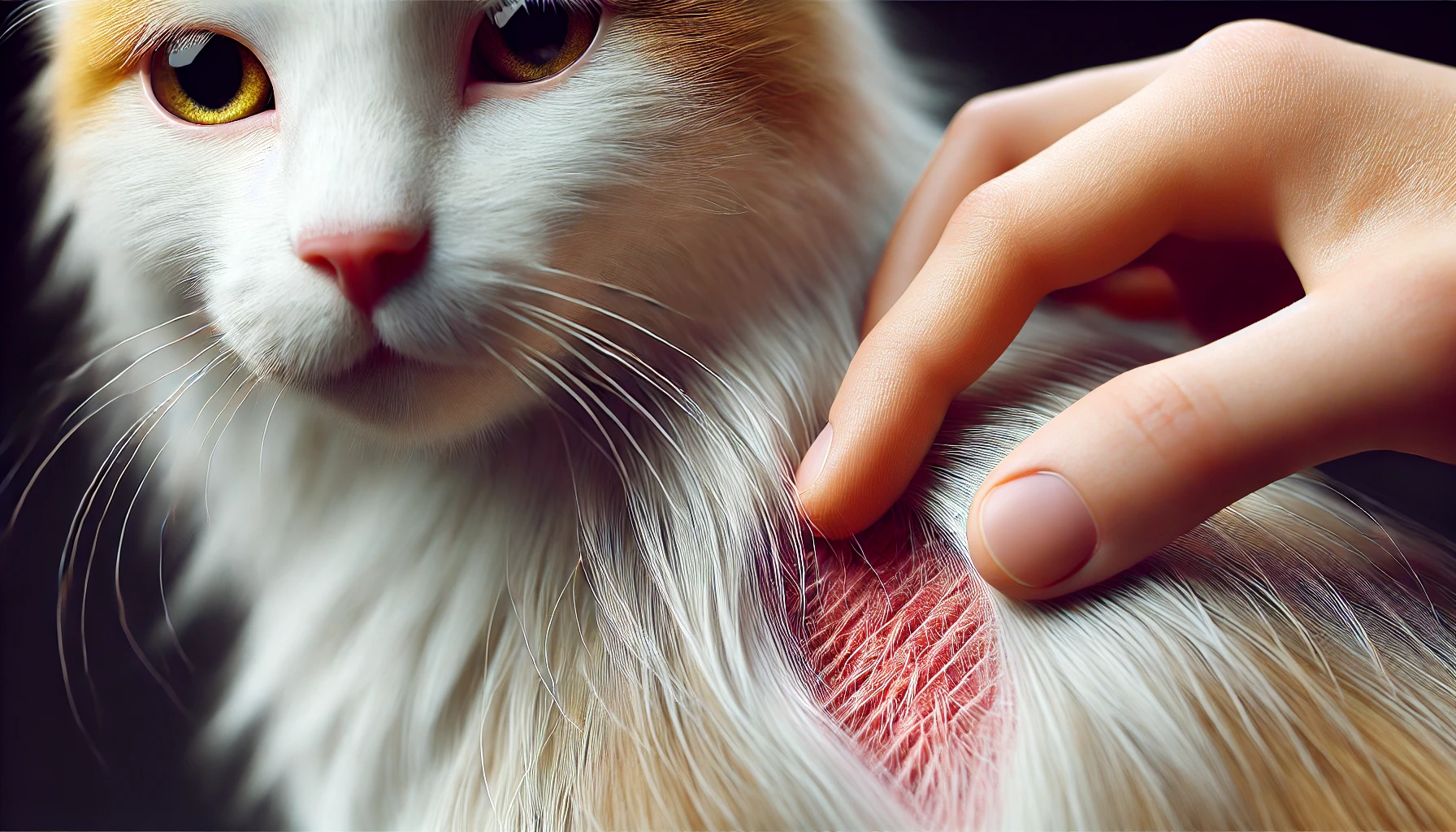 Close-up of a cat's fur gently parted, revealing a small red inflamed skin area.