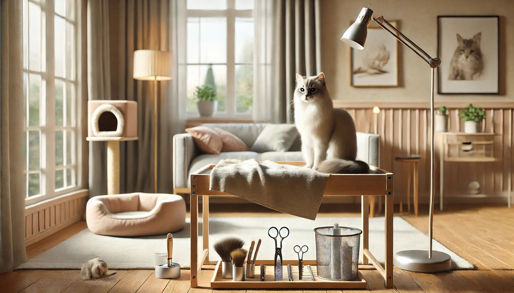 A cozy grooming setup for a cat with a grooming table, soft towel, and grooming tools in a well-lit room.