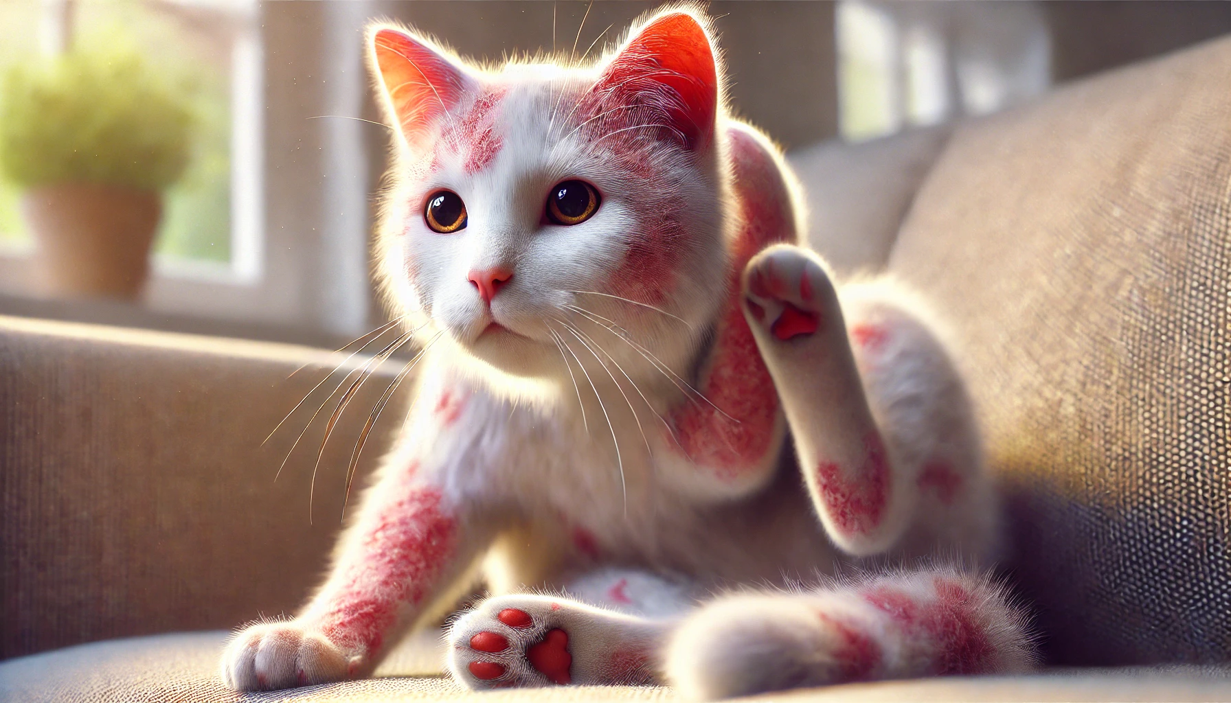 A cat showing signs of allergies with red patches on its skin and scratching its neck.