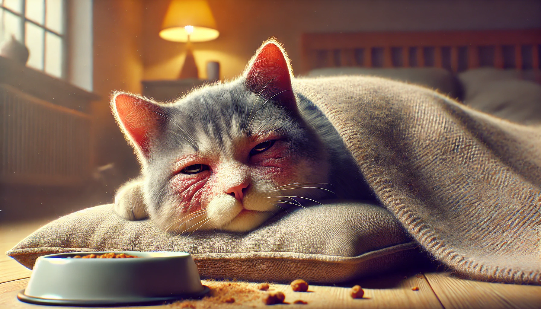A lethargic cat lying on a bed with skin changes and uneaten food nearby.