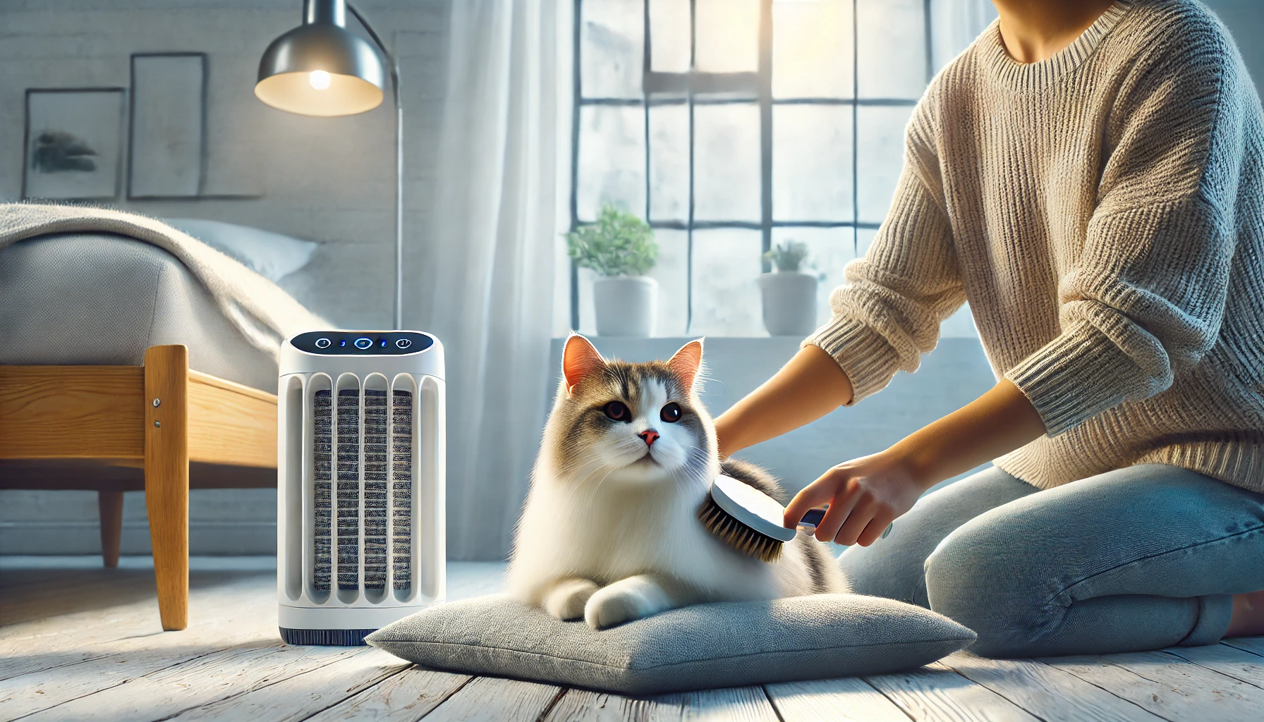 A person gently brushing a cat's fur in a clean, allergen-free environment with an air purifier in the background.