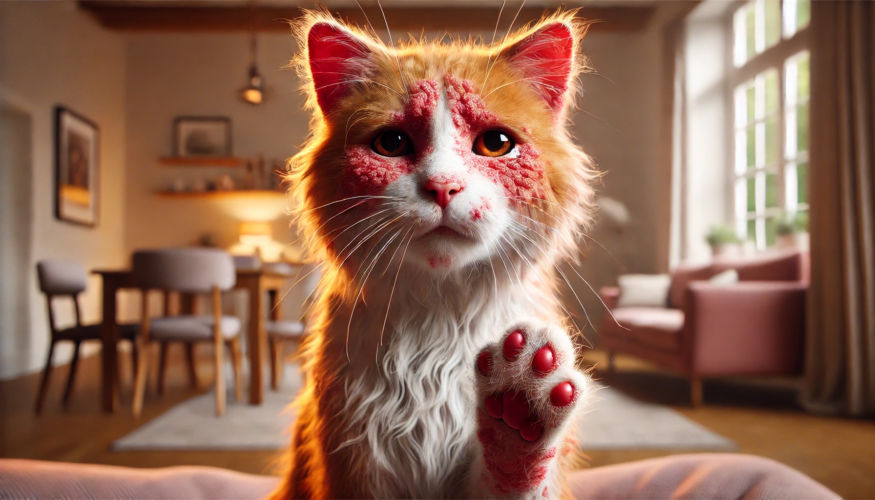 Close-up of a cat with food allergy symptoms, showing red patches on its face and ears.