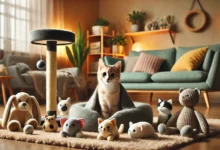A cozy living room with a corner dedicated to plush toys for cats, featuring small animal-shaped toys and a comfortable cat bed.