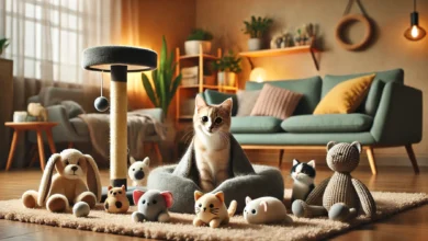 A cozy living room with a corner dedicated to plush toys for cats, featuring small animal-shaped toys and a comfortable cat bed.
