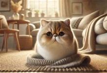 An Exotic Shorthair cat with a round face, short nose, and large expressive eyes, resting in a cozy indoor setting with natural light.
