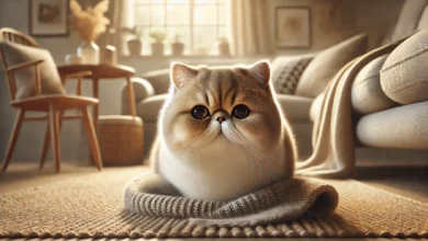 An Exotic Shorthair cat with a round face, short nose, and large expressive eyes, resting in a cozy indoor setting with natural light.