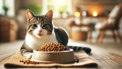 A cat enjoying a meal of grain-free cat food in a cozy, natural home setting.