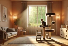 Modern cat tree with multiple levels and a curious cat gazing out a bright window in a cozy indoor setting.