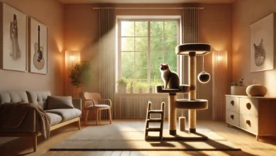 Modern cat tree with multiple levels and a curious cat gazing out a bright window in a cozy indoor setting.