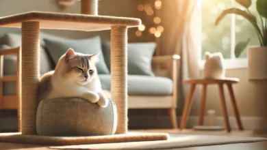 A calm cat resting peacefully on a scratching post in a cozy, sunlit room.