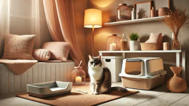 A cozy indoor setting with a cat resting near a stylish litter box, emphasizing cleanliness and freshness.