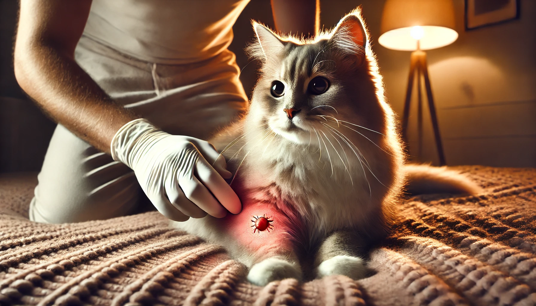 A cat looking uncomfortable while a person examines skin irritation from flea treatment.