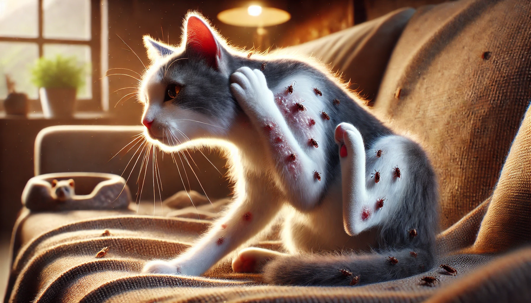 A cat scratching its neck with visible skin irritation from fleas.