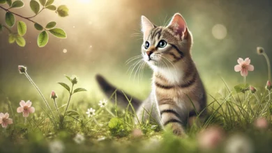 A playful tabby cat outdoors in a grassy area, alert and curious, symbolizing readiness for training.