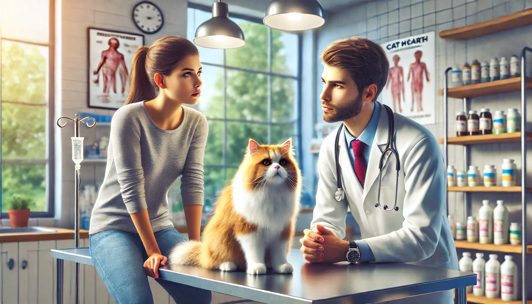 A concerned cat owner discussing their cat's skin health with a veterinarian in a clinic.